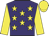 Purple body, yellow stars, yellow arms, yellow cap