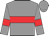Grey body, red hoop, grey arms, red armlets, grey cap