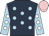 dark blue, light blue spots, white spots on light blue sleeves, pink cap