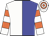 White and blue halved vertically, white sleeves, orange hoops, hooped cap