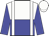 white and blue halved horizontally, white braces, blue sleeves, white cap