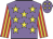 Mauve body, yellow stars, red arms, yellow striped, mauve cap, yellow stars