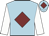 Light blue, maroon diamond, white sleeves, light blue cap, maroon diamond