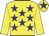 Yellow, purple stars, yellow sleeves, yellow cap, purple star