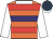 Orange, red and purple hoops, white collar and sleeves, dark blue cap, white peak