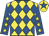 Yellow and royal blue diamonds, royal blue sleeves, yellow stars, yellow cap, royal blue star