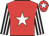Red, white star, black and white striped sleeves, red cap, white star