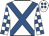 White, royal blue cross belts, check sleeves, white cap, royal blue spots