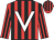 Red and black stripes, white 'v' bib, red and black striped sleeves and cap