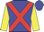 Blue, red crossed sashes, yellow sleeves, blue cap