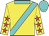 Yellow, turquoise sash and collar, yellow sleeves, red stars, turquoise cap