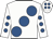 White, large royal blue spots, royal blue spots on sleeves, white cap, royal blue spots