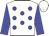 white, blue spots, blue sleeves, white cap