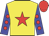yellow, red star, blue sleeves, red spots, red cap