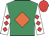 Emerald green, orange diamond, white sleeves, red diamonds, red cap
