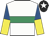 White, emerald green hoop, yellow & royal blue halved sleeves, black cap, white star