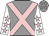 Grey, pink cross belts, white sleeves, pink stars, grey cap, pink stars