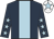 Dark blue, light blue stripe, dark blue sleeves, light blue stars, white cap, light blue star