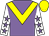 Mauve body, yellow chevron, white arms, mauve stars, yellow cap