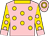 pink, gold spots, gold sleeves, pink spots and cuffs, gold collar, pink cap, gold hoop