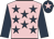 Pink, dark blue stars, dark blue sleeves, dark blue cap, pink star