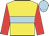 Yellow, light blue hoop and cap, red sleeves