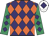 Purple and orange diamonds, emerald green sleeves, purple diamonds, white cap, purple diamond