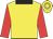 Yellow, red sleeves, collar and hoop on cap