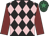 Black and pink diamonds, maroon sleeves, dark green cap, emerald green star