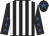 Black and white stripes, black sleeves, royal blue stars, black cap, royal blue star