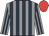 Grey and dark blue stripes, red cap