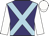 Purple, light blue cross belts, white sleeves and cap