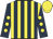 Dark blue and yellow stripes, dark blue sleeves, yellow spots, yellow cap