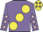 Mauve, large yellow spots, mauve sleeves, pink stars, yellow cap, mauve stars
