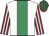 White, emerald green stripe, maroon and white striped sleeves, maroon and emerald green striped cap