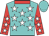 Turquoise, white stars, red collar and sleeves, white stars, turquoise cap
