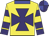 Bright yellow, purple maltese cross, hooped sleeves, blue collar, purple cuffs, purple and b
