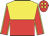 Yellow and Red halved horizontally, Red sleeves, yellow seams, red cap, yellow spots