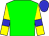Green body, yellow arms, blue armlets, blue cap