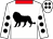 White, black lion, red collar, white sleeves, black spots, white cap with black spots