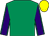 Emerald green, purple sleeves, emerald green seams, yellow cap