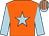 orange, light blue star, light blue sleeves, striped cap