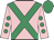 Pink, emerald green cross belts, pink sleeves, emerald green spots and cap