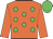 Orange, lime green spots, orange sleeves, lime green cap