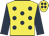 Yellow, dark blue spots, sleeves and spots on cap