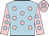 light blue, pink spots, pink sleeves, light blue spots, pink cap, light  blue spots