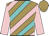 Mustard, pink and turquoise diagonal stripes, pink sleeves, mustard cap