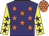 Purple, orange stars, yellow sleeves, purple stars, orange cap, yellow stars