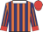 Orange and navy stripes, white collar, navy, orange and red striped sleeves, red cuffs and cap