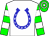 White, blue horseshoe, green and white hooped sleeves and cap